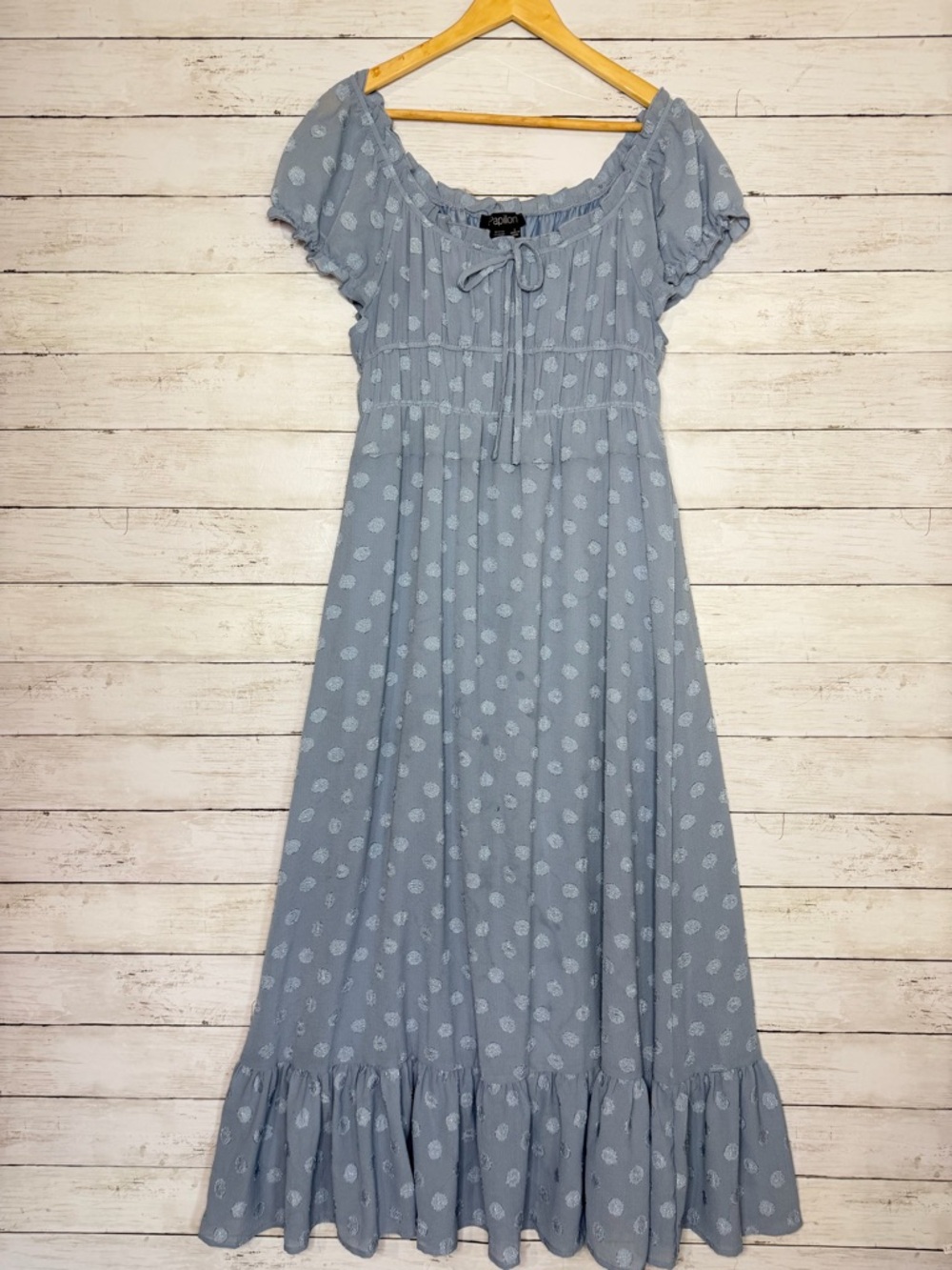 Papillon Swiss Dot Maxi Dress Size L Blue Puff Sleeve Cottagecore Boho - Picture 2 of 4